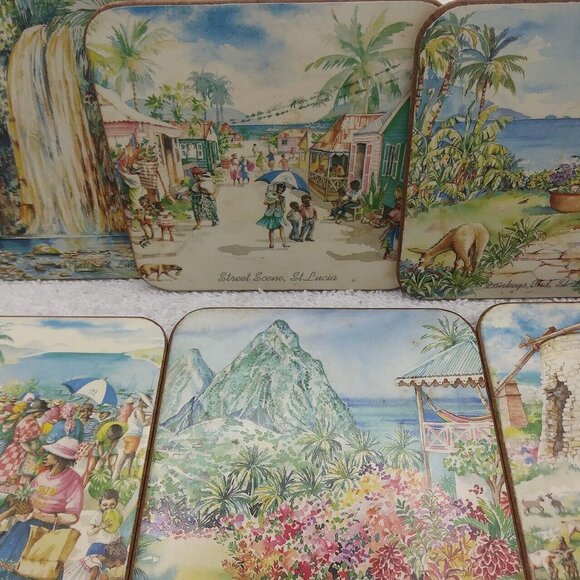 Pimpernel St. Lucia Coasters - Set of 6 -Cork Backing - Artwork - Beach Tropical - Picture 8 of 15